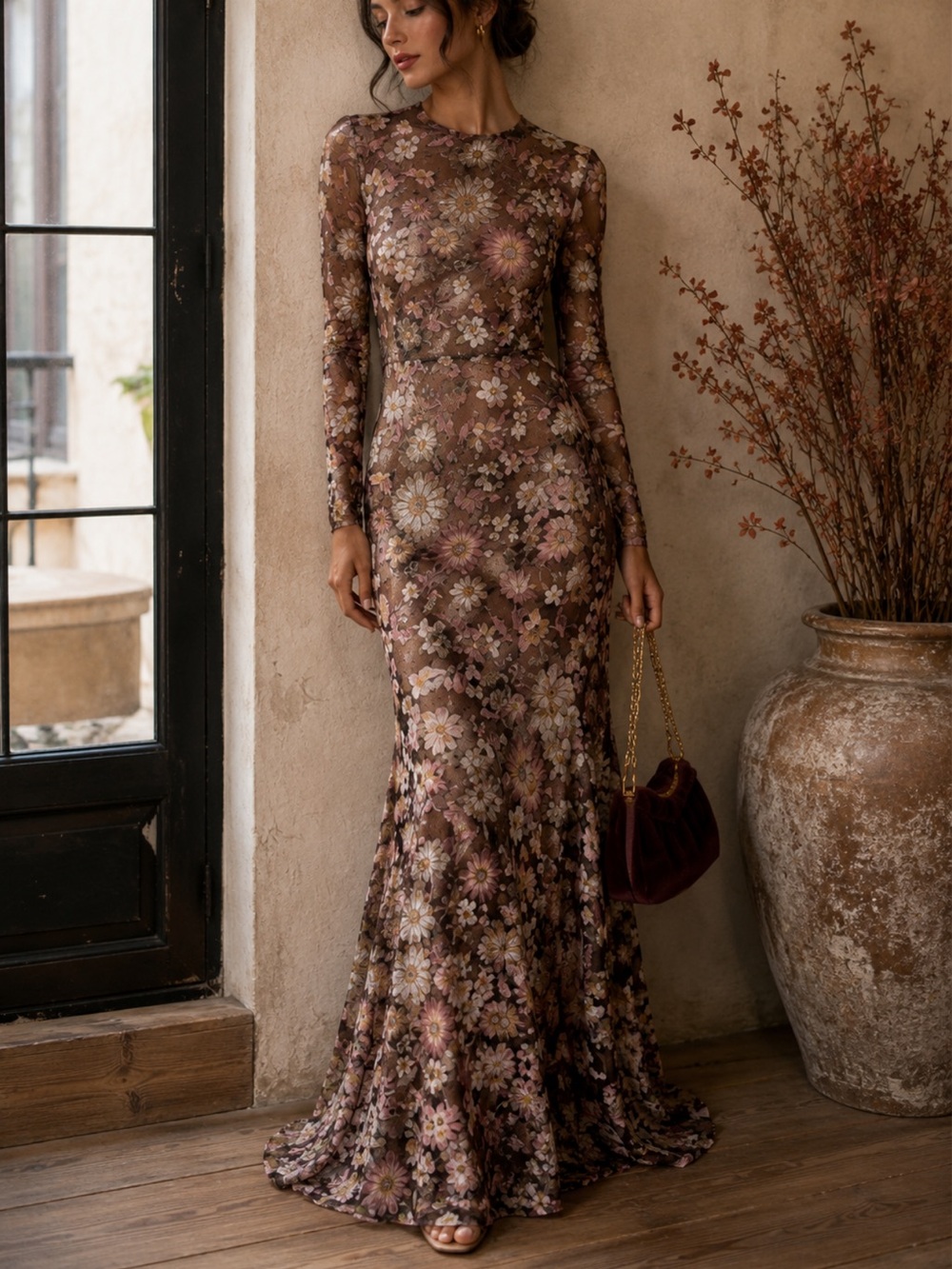 SAU LEE Goldie Dress Maxi Gown Long Sleeve Beaded Floral